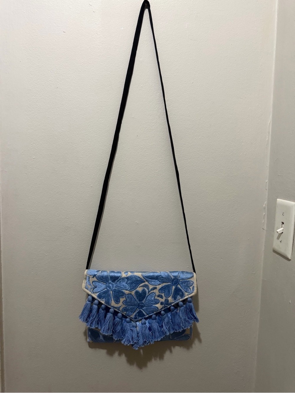 Blue Floral Tassel Crossbody Bag